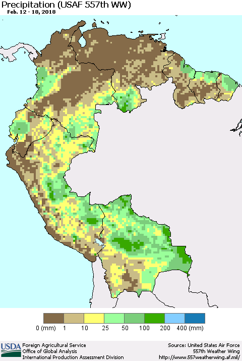 Northern South America Precipitation (USAF 557th WW) Thematic Map For 2/12/2018 - 2/18/2018