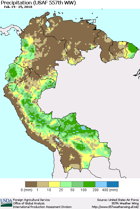 Northern South America Precipitation (USAF 557th WW) Thematic Map For 2/19/2018 - 2/25/2018