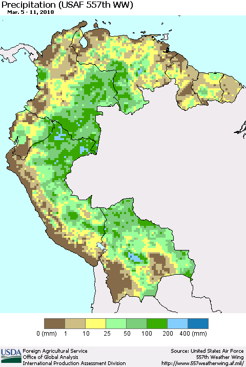 Northern South America Precipitation (USAF 557th WW) Thematic Map For 3/5/2018 - 3/11/2018