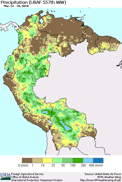 Northern South America Precipitation (USAF 557th WW) Thematic Map For 3/12/2018 - 3/18/2018