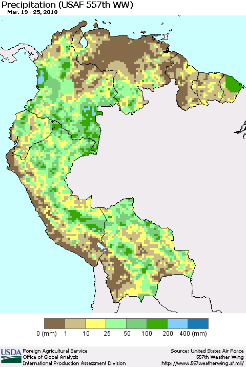 Northern South America Precipitation (USAF 557th WW) Thematic Map For 3/19/2018 - 3/25/2018