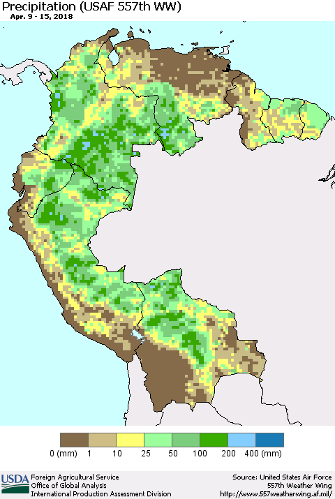 Northern South America Precipitation (USAF 557th WW) Thematic Map For 4/9/2018 - 4/15/2018