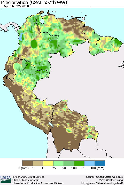 Northern South America Precipitation (USAF 557th WW) Thematic Map For 4/16/2018 - 4/22/2018