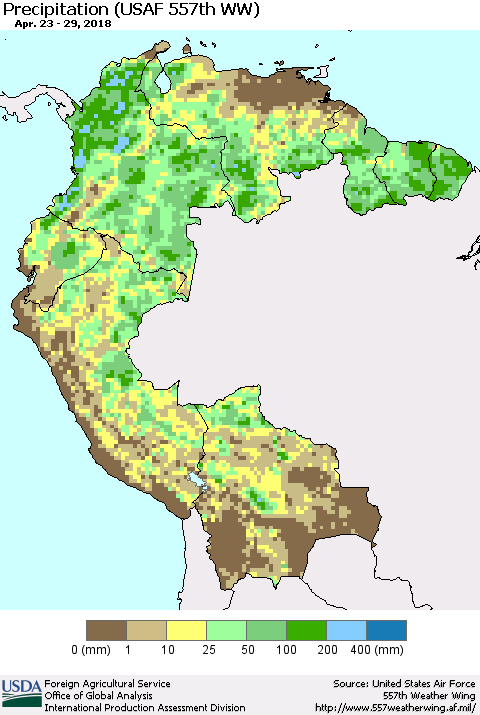 Northern South America Precipitation (USAF 557th WW) Thematic Map For 4/23/2018 - 4/29/2018