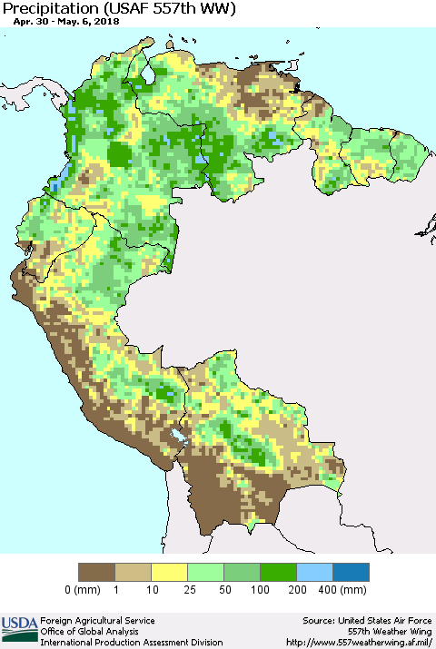 Northern South America Precipitation (USAF 557th WW) Thematic Map For 4/30/2018 - 5/6/2018