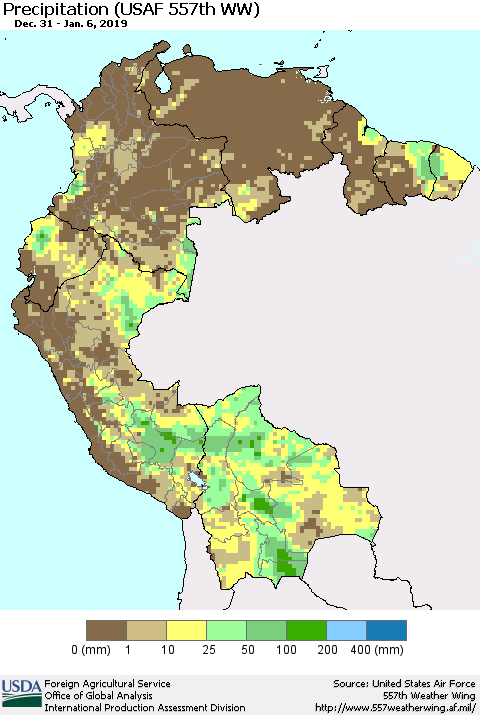Northern South America Precipitation (USAF 557th WW) Thematic Map For 12/31/2018 - 1/6/2019