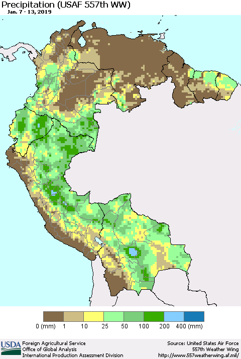 Northern South America Precipitation (USAF 557th WW) Thematic Map For 1/7/2019 - 1/13/2019