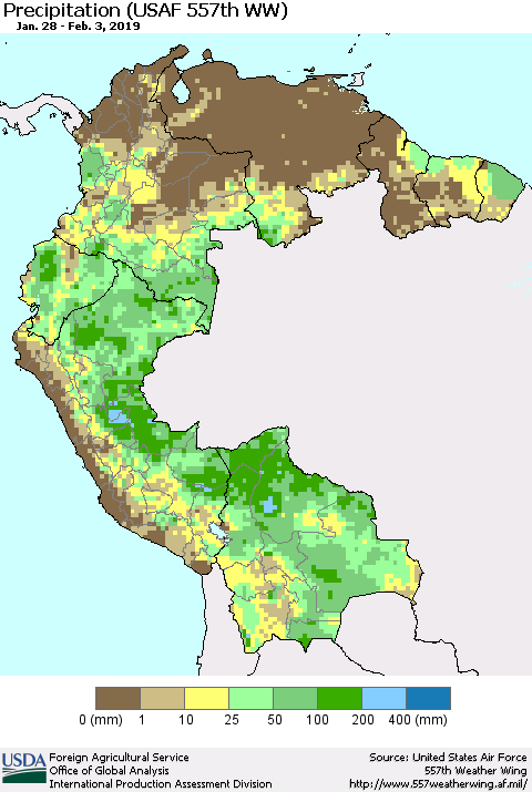 Northern South America Precipitation (USAF 557th WW) Thematic Map For 1/28/2019 - 2/3/2019