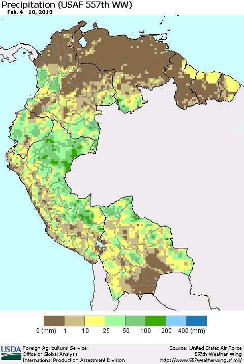 Northern South America Precipitation (USAF 557th WW) Thematic Map For 2/4/2019 - 2/10/2019