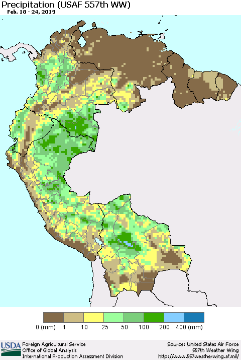 Northern South America Precipitation (USAF 557th WW) Thematic Map For 2/18/2019 - 2/24/2019