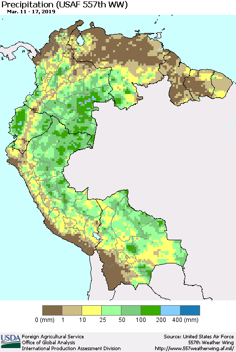Northern South America Precipitation (USAF 557th WW) Thematic Map For 3/11/2019 - 3/17/2019