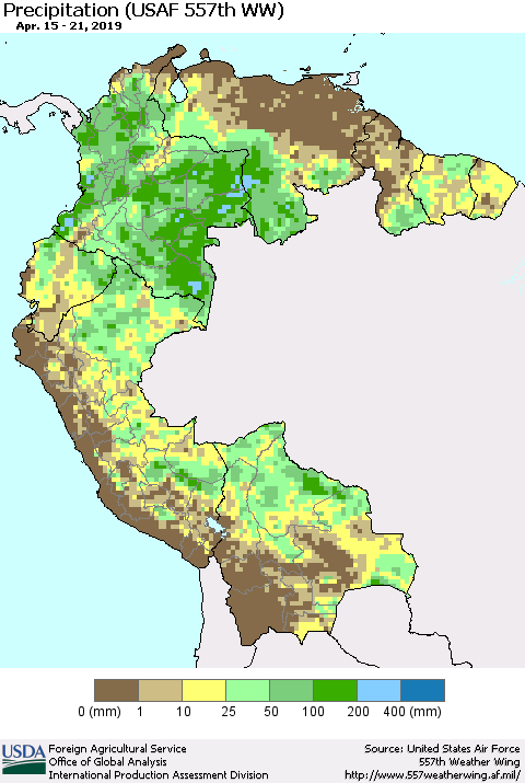 Northern South America Precipitation (USAF 557th WW) Thematic Map For 4/15/2019 - 4/21/2019