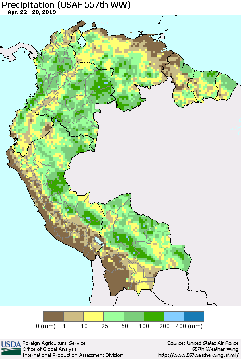 Northern South America Precipitation (USAF 557th WW) Thematic Map For 4/22/2019 - 4/28/2019