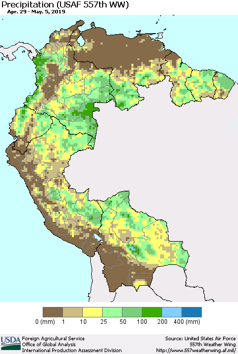 Northern South America Precipitation (USAF 557th WW) Thematic Map For 4/29/2019 - 5/5/2019