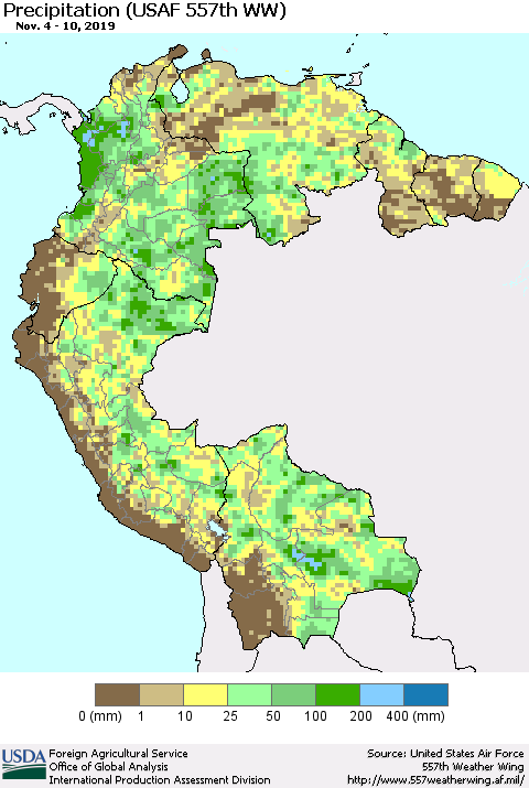 Northern South America Precipitation (USAF 557th WW) Thematic Map For 11/4/2019 - 11/10/2019