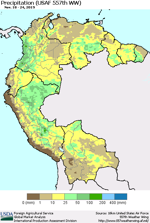 Northern South America Precipitation (USAF 557th WW) Thematic Map For 11/18/2019 - 11/24/2019