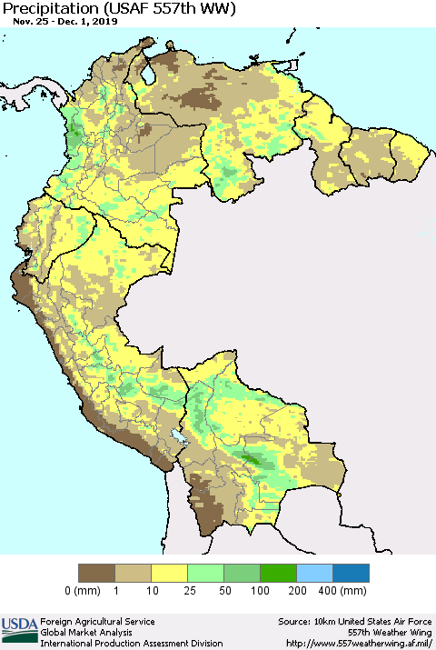 Northern South America Precipitation (USAF 557th WW) Thematic Map For 11/25/2019 - 12/1/2019