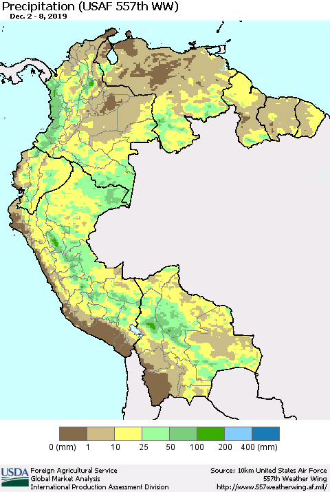 Northern South America Precipitation (USAF 557th WW) Thematic Map For 12/2/2019 - 12/8/2019