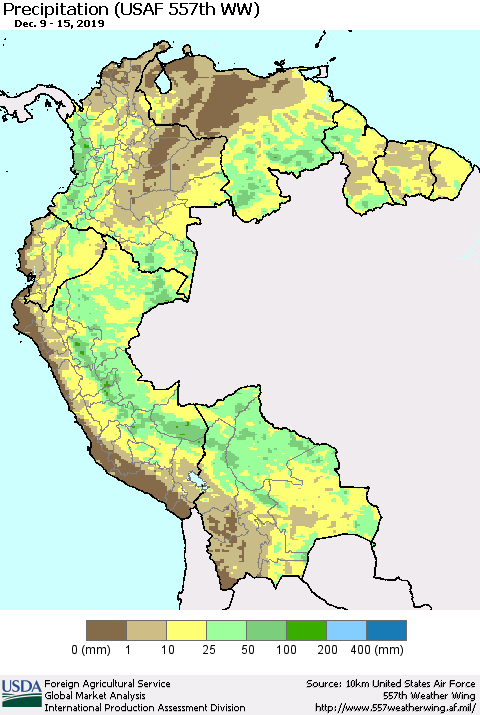 Northern South America Precipitation (USAF 557th WW) Thematic Map For 12/9/2019 - 12/15/2019