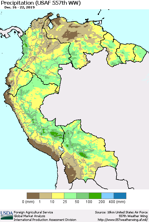 Northern South America Precipitation (USAF 557th WW) Thematic Map For 12/16/2019 - 12/22/2019