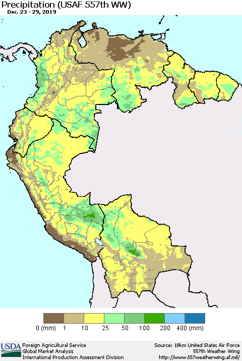 Northern South America Precipitation (USAF 557th WW) Thematic Map For 12/23/2019 - 12/29/2019