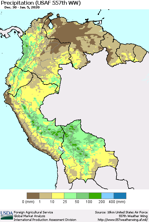 Northern South America Precipitation (USAF 557th WW) Thematic Map For 12/30/2019 - 1/5/2020