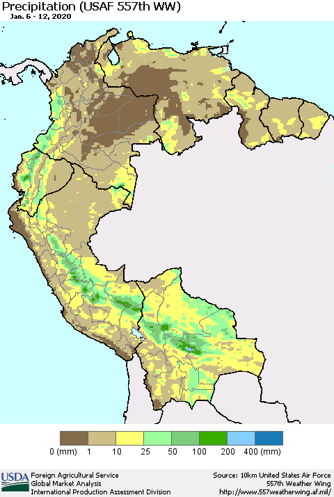 Northern South America Precipitation (USAF 557th WW) Thematic Map For 1/6/2020 - 1/12/2020