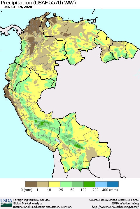 Northern South America Precipitation (USAF 557th WW) Thematic Map For 1/13/2020 - 1/19/2020