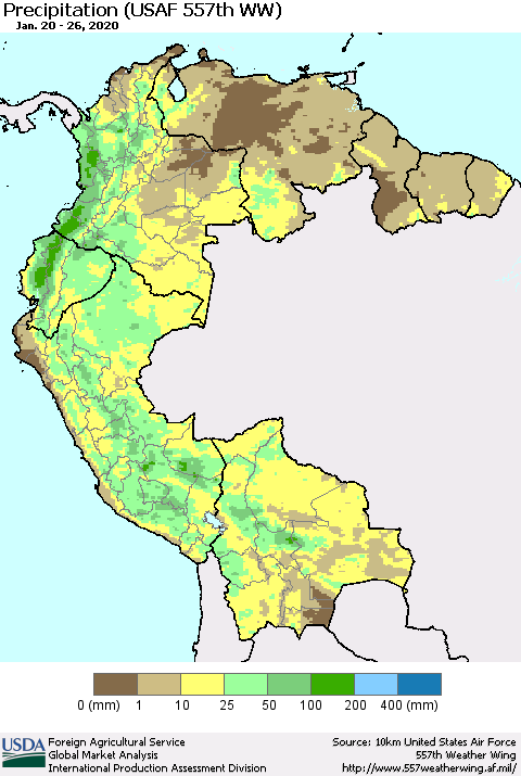Northern South America Precipitation (USAF 557th WW) Thematic Map For 1/20/2020 - 1/26/2020