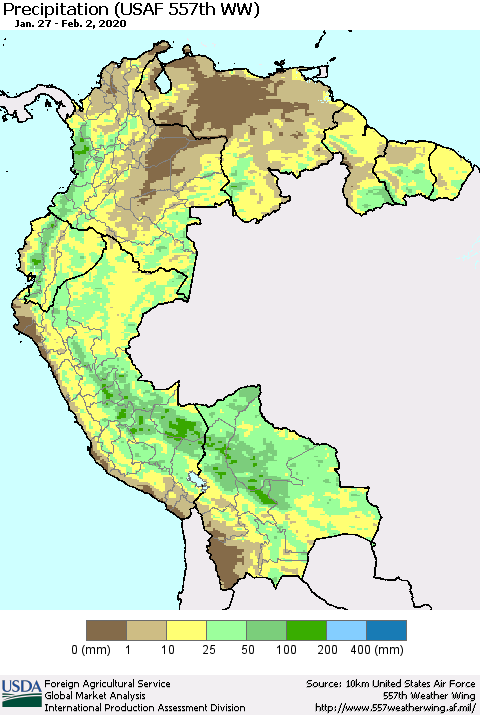 Northern South America Precipitation (USAF 557th WW) Thematic Map For 1/27/2020 - 2/2/2020