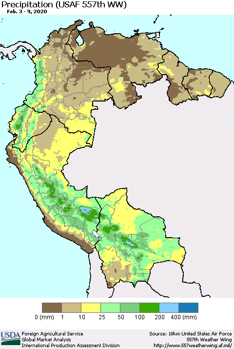 Northern South America Precipitation (USAF 557th WW) Thematic Map For 2/3/2020 - 2/9/2020