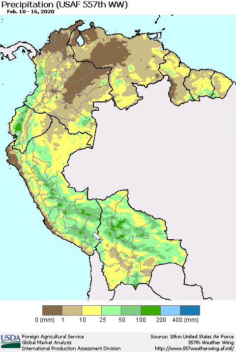 Northern South America Precipitation (USAF 557th WW) Thematic Map For 2/10/2020 - 2/16/2020