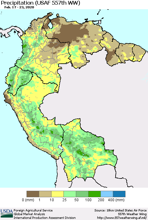 Northern South America Precipitation (USAF 557th WW) Thematic Map For 2/17/2020 - 2/23/2020