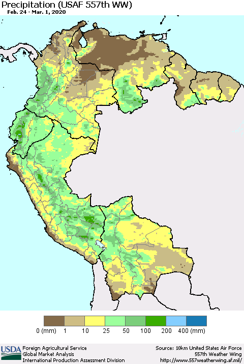 Northern South America Precipitation (USAF 557th WW) Thematic Map For 2/24/2020 - 3/1/2020
