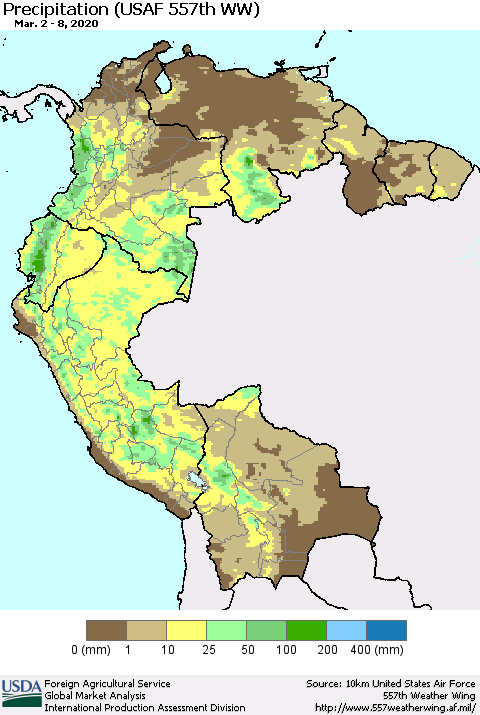 Northern South America Precipitation (USAF 557th WW) Thematic Map For 3/2/2020 - 3/8/2020