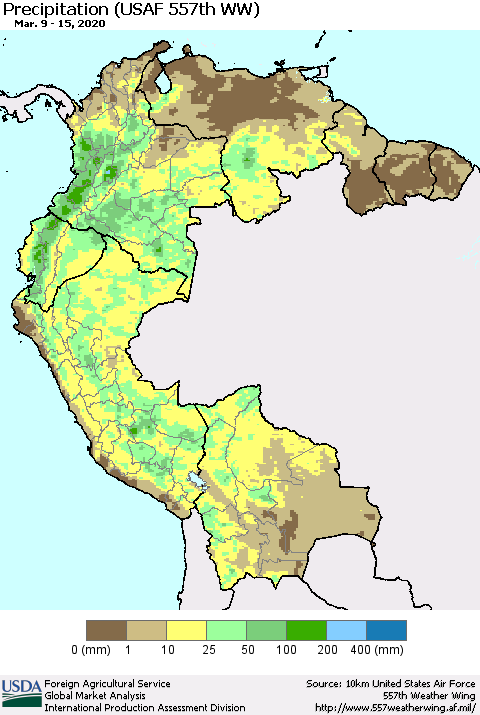 Northern South America Precipitation (USAF 557th WW) Thematic Map For 3/9/2020 - 3/15/2020