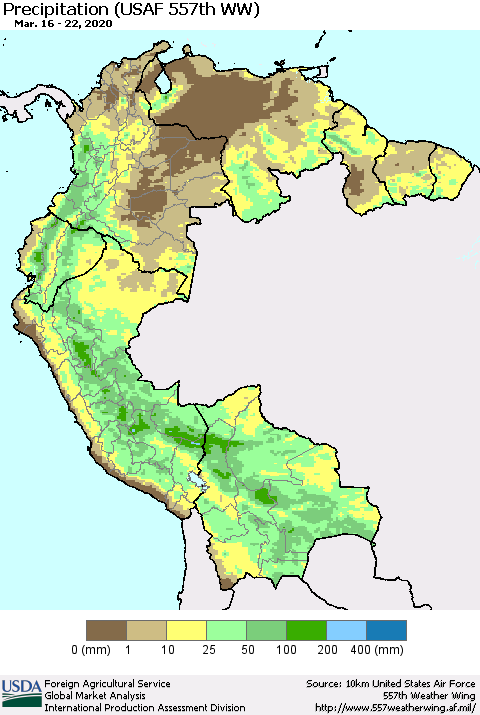 Northern South America Precipitation (USAF 557th WW) Thematic Map For 3/16/2020 - 3/22/2020