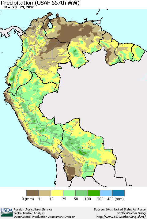 Northern South America Precipitation (USAF 557th WW) Thematic Map For 3/23/2020 - 3/29/2020