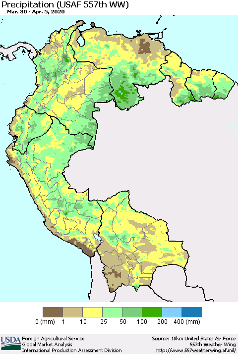 Northern South America Precipitation (USAF 557th WW) Thematic Map For 3/30/2020 - 4/5/2020