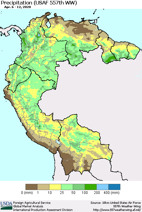 Northern South America Precipitation (USAF 557th WW) Thematic Map For 4/6/2020 - 4/12/2020