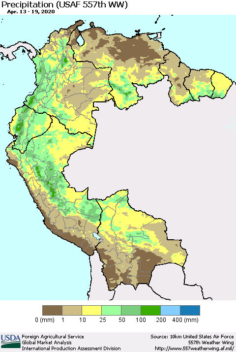 Northern South America Precipitation (USAF 557th WW) Thematic Map For 4/13/2020 - 4/19/2020