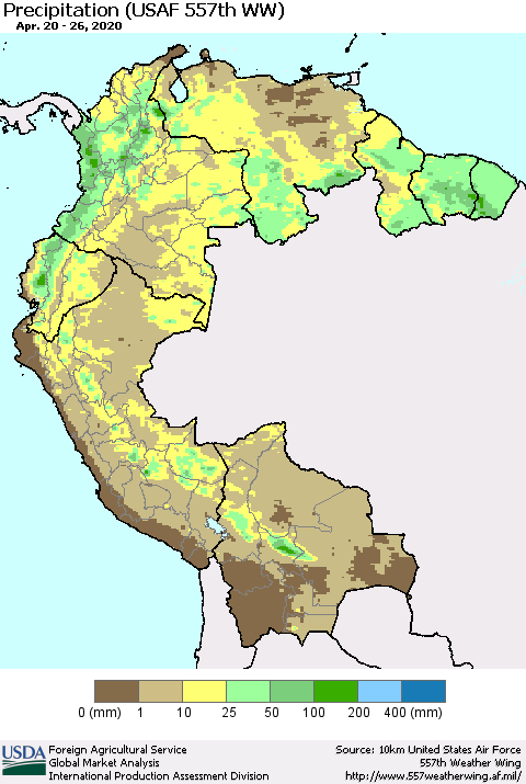Northern South America Precipitation (USAF 557th WW) Thematic Map For 4/20/2020 - 4/26/2020