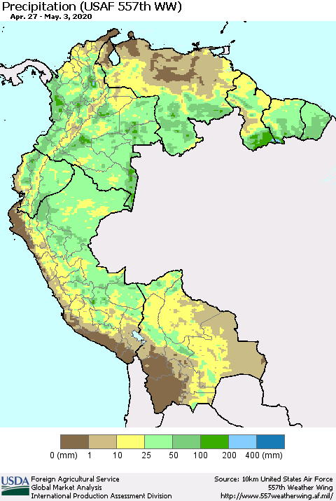 Northern South America Precipitation (USAF 557th WW) Thematic Map For 4/27/2020 - 5/3/2020
