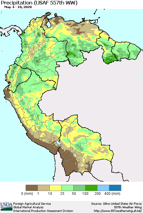 Northern South America Precipitation (USAF 557th WW) Thematic Map For 5/4/2020 - 5/10/2020