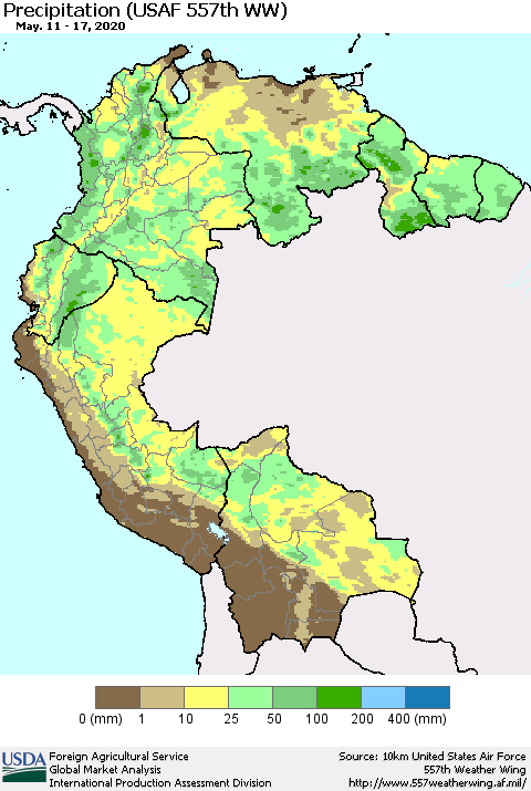 Northern South America Precipitation (USAF 557th WW) Thematic Map For 5/11/2020 - 5/17/2020