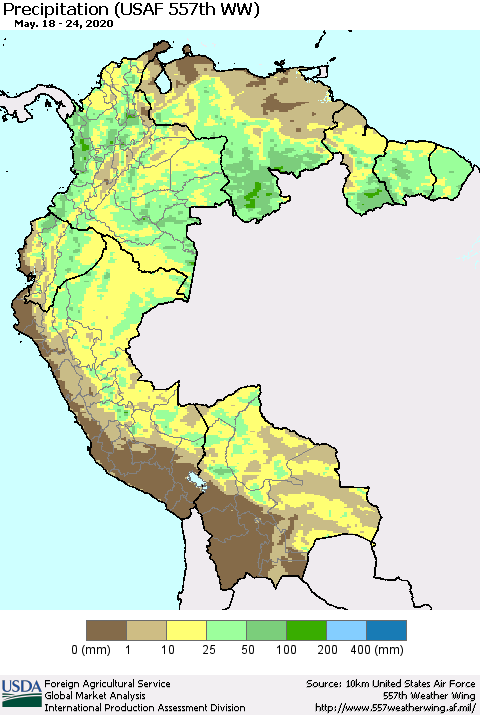 Northern South America Precipitation (USAF 557th WW) Thematic Map For 5/18/2020 - 5/24/2020