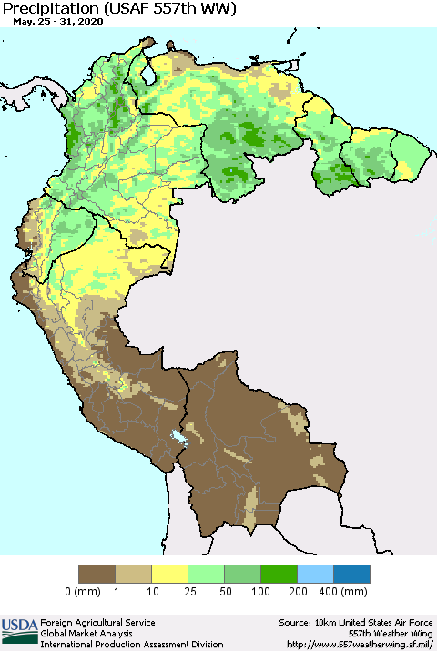 Northern South America Precipitation (USAF 557th WW) Thematic Map For 5/25/2020 - 5/31/2020