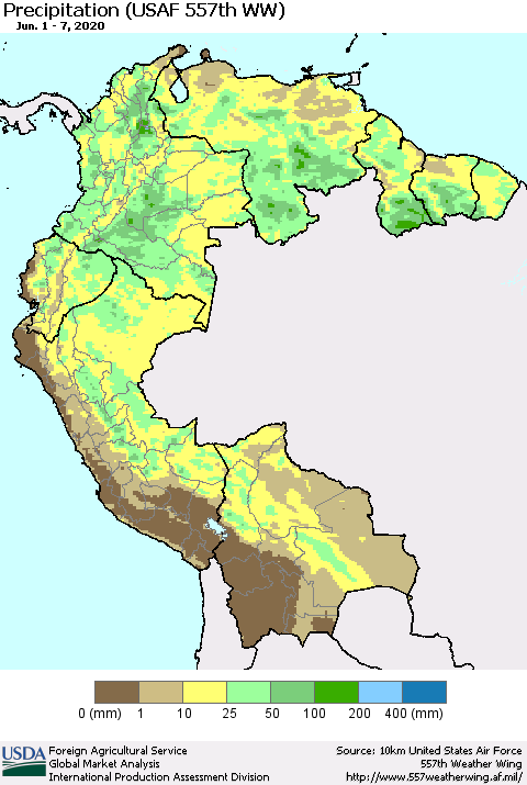 Northern South America Precipitation (USAF 557th WW) Thematic Map For 6/1/2020 - 6/7/2020