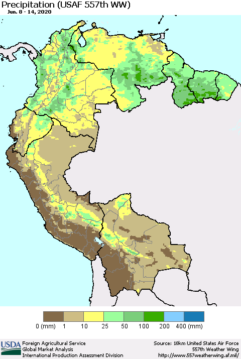 Northern South America Precipitation (USAF 557th WW) Thematic Map For 6/8/2020 - 6/14/2020