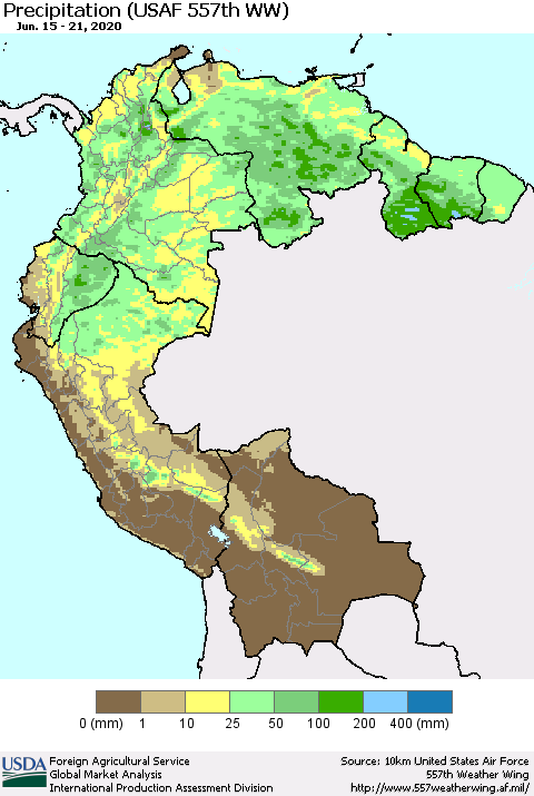 Northern South America Precipitation (USAF 557th WW) Thematic Map For 6/15/2020 - 6/21/2020